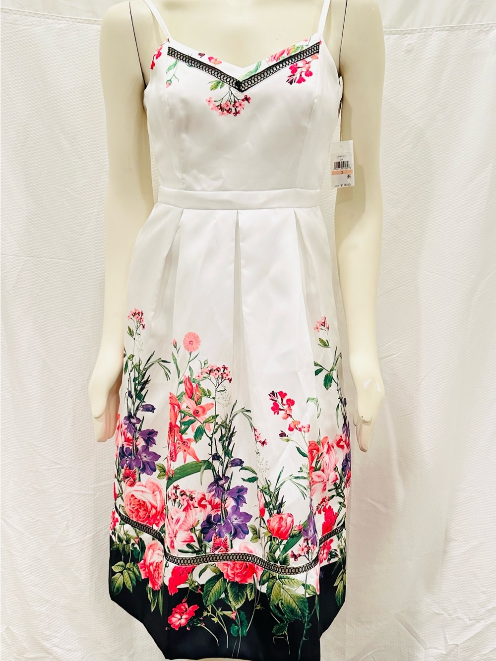 NWT Jessica Simpson White Midi Dress with Pink and Purple Floral Border